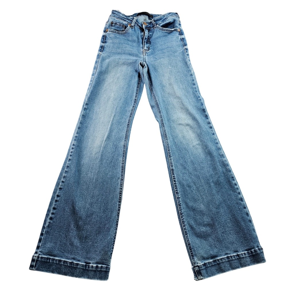 Enjean Flare Jeans Women's 1/25 Blue Denim Stretch Frayed Hem Distressed EP3549R
